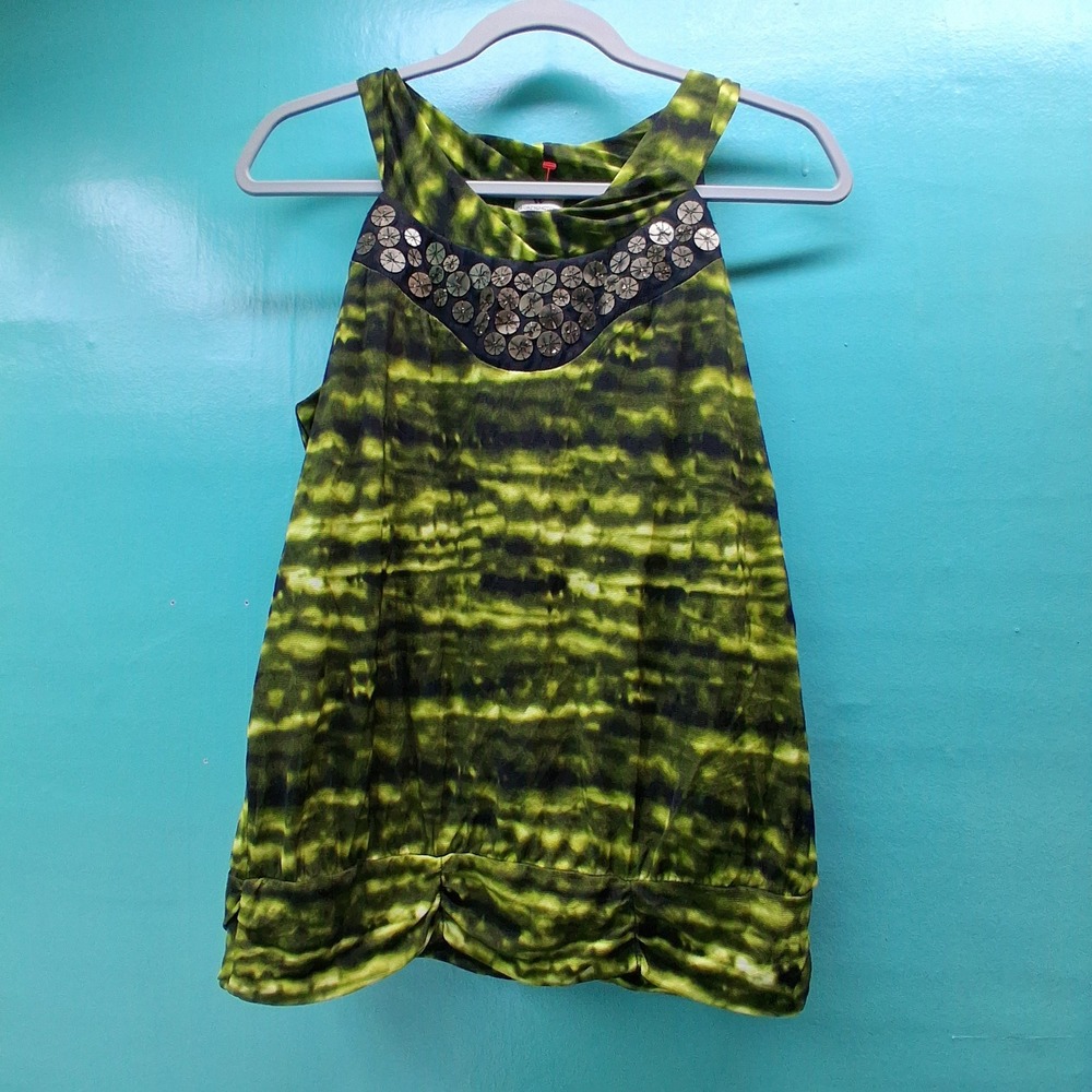 Worthington Bubble Hem Tank M Green Tie Dye Embellished Boho Y2K Z649